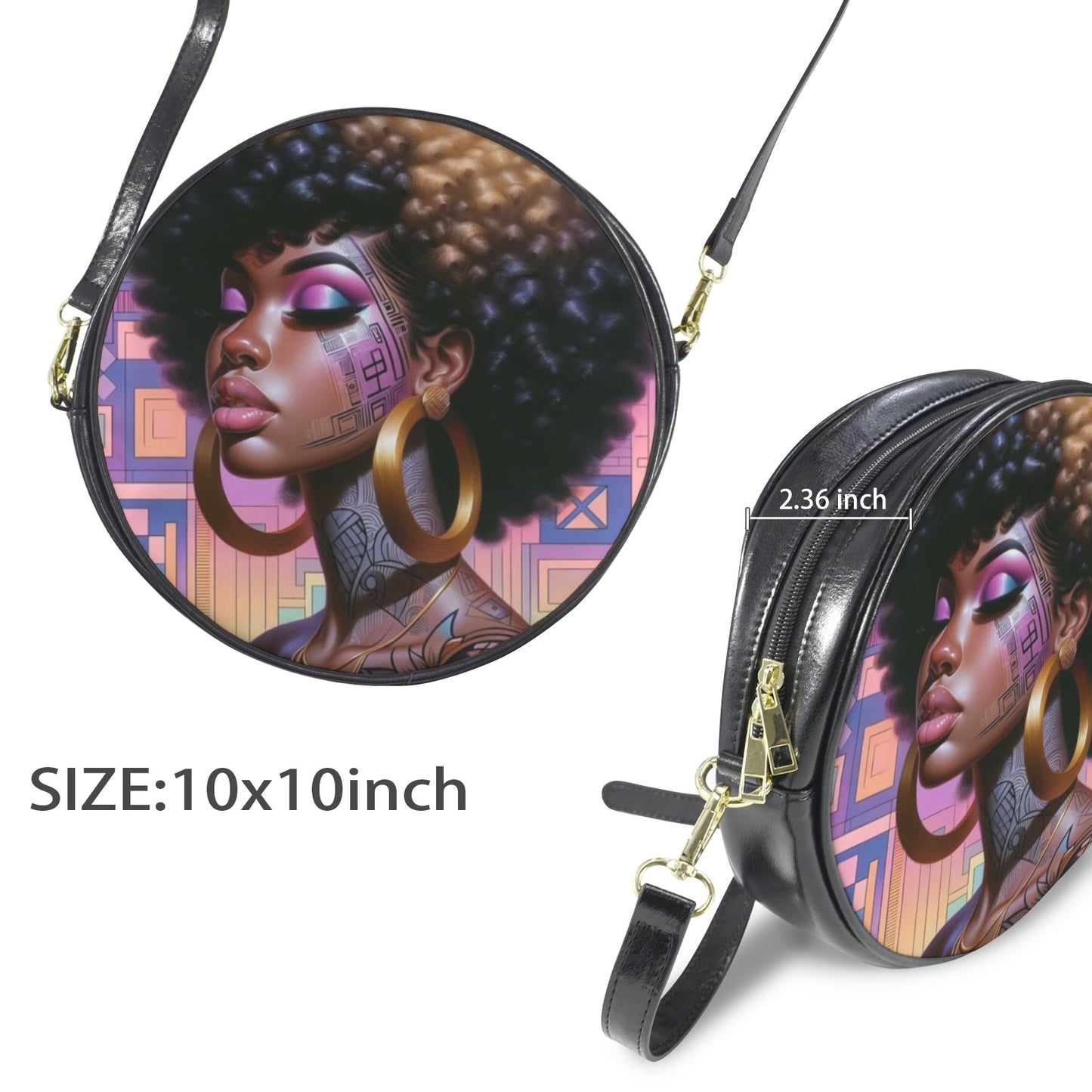 Afro Glam Melanin Goddess Round Sling Bag – Large 10x10 | Golden Crowned Confidence