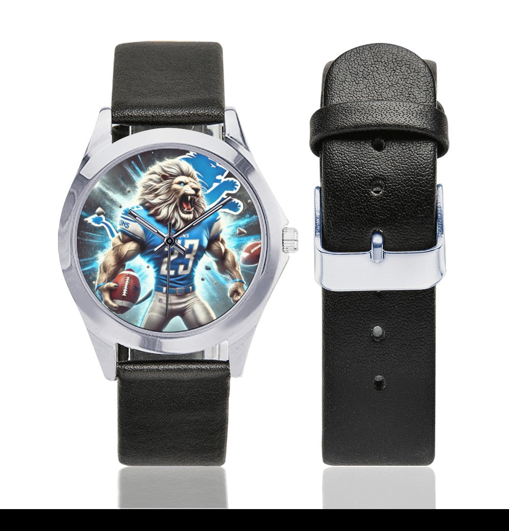 Unisex Silver-Tone Leather Watch Featuring Fierce Lion Football Design