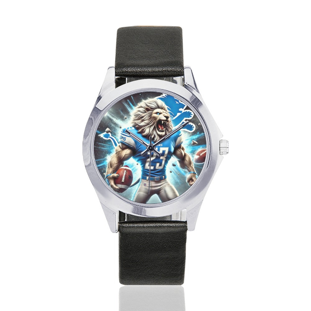 Unisex Silver-Tone Leather Watch Featuring Fierce Lion Football Design
