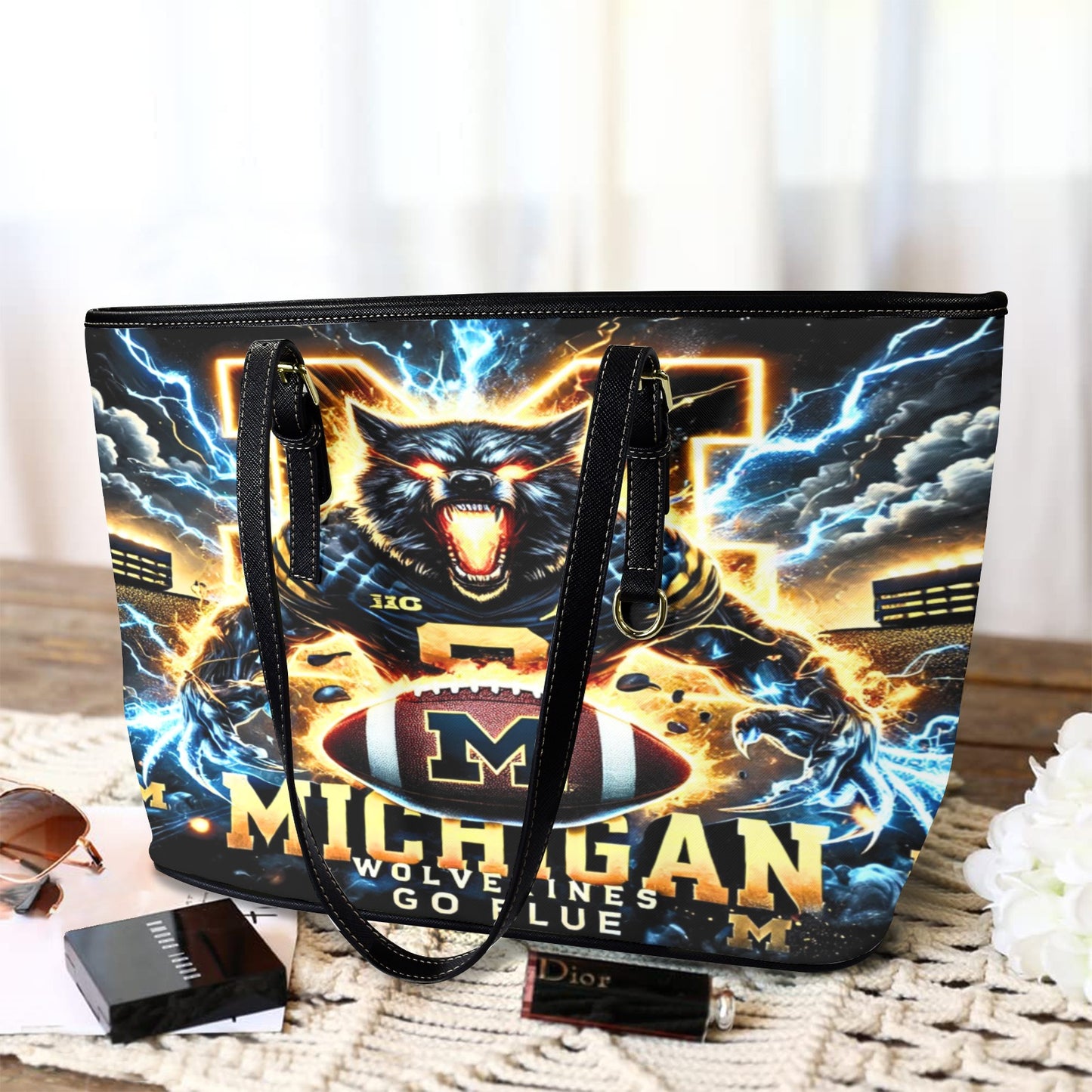 π₯ Michigan Wolverines Lightning Tote Bag β Premium PU Leather Game Day Carry-All with FREE Shipping!