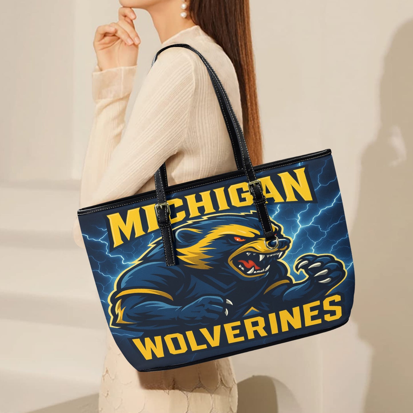 Michigan Wolverines Electric Storm Tote Bag – Premium PU Leather Carry-All with FREE Shipping