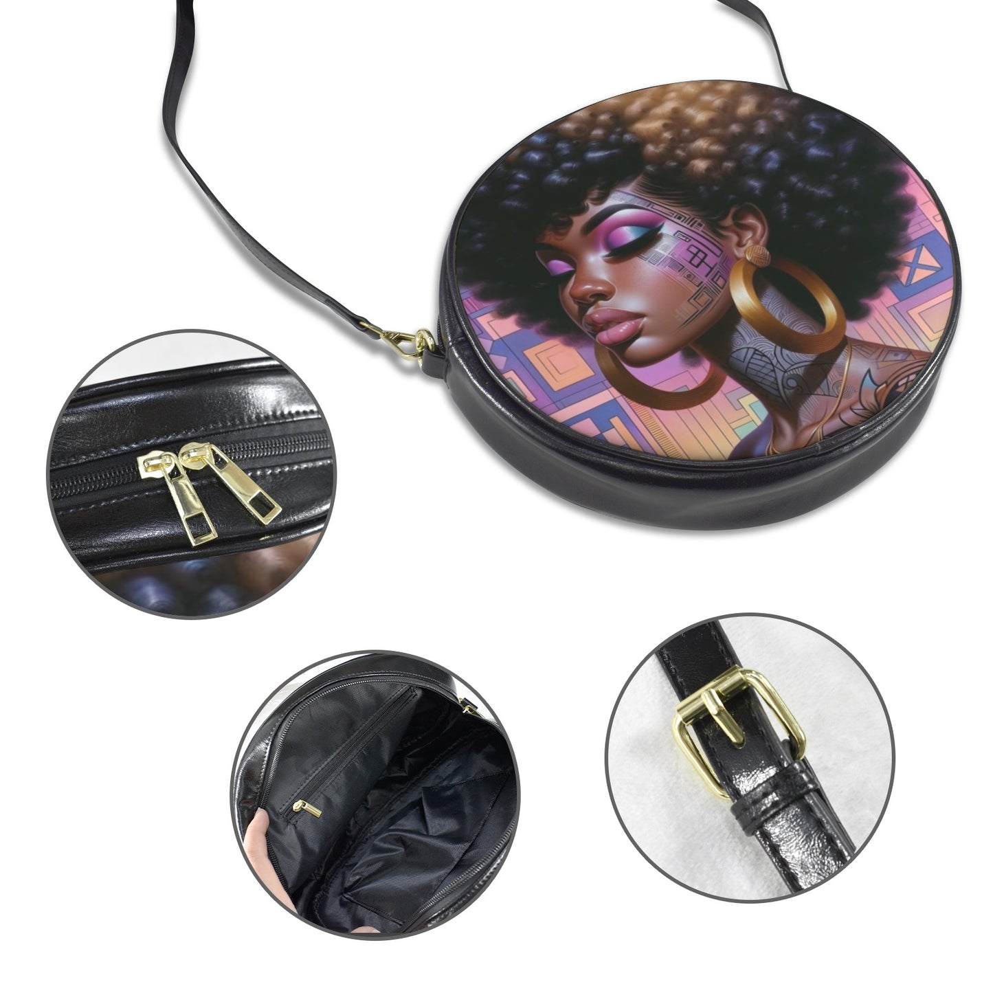 Afro Glam Melanin Goddess Round Sling Bag – Large 10x10 | Golden Crowned Confidence