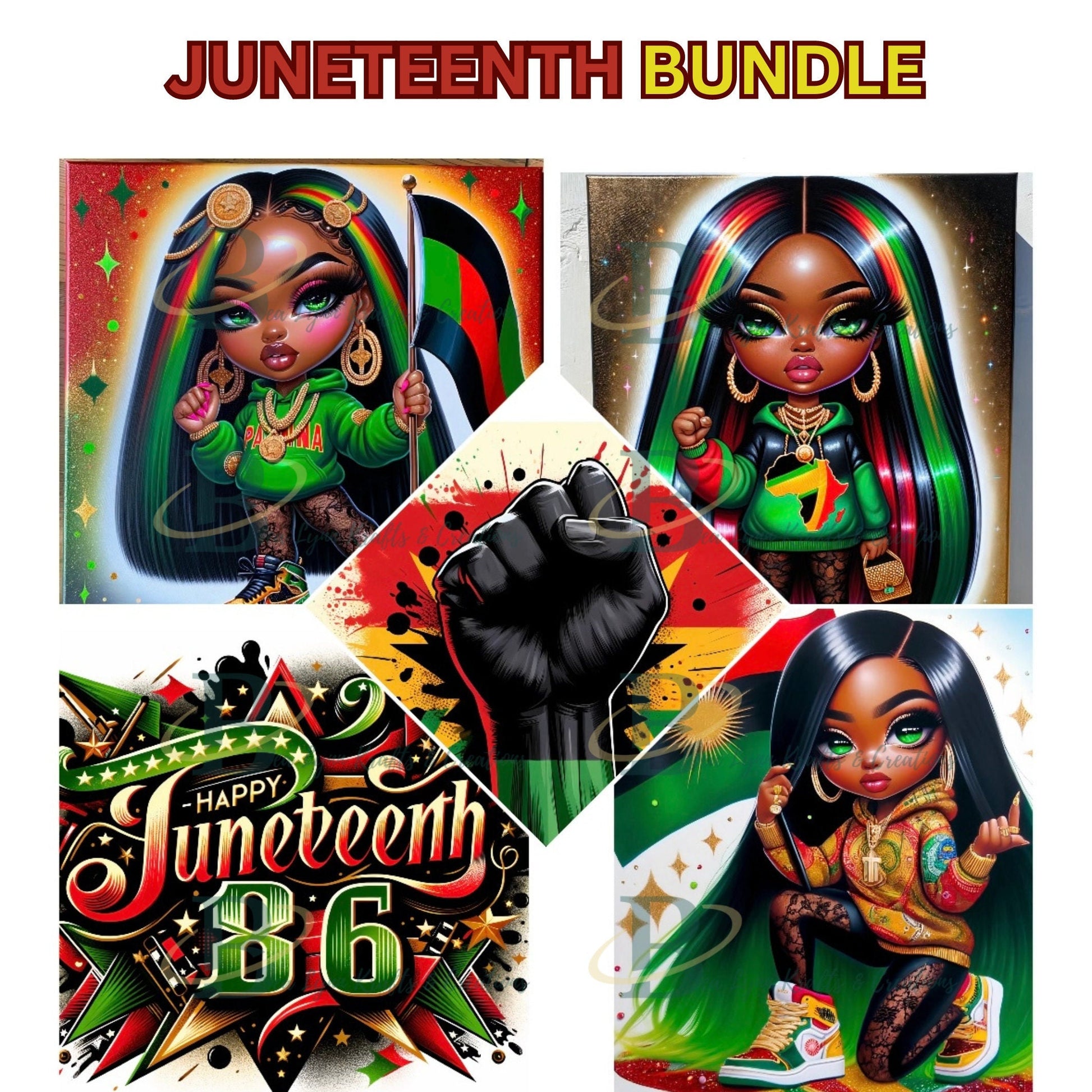 Juneteenth Digital Art Collection - Chibi Character & Black Power Fist - 5 Transparent PNG Images, African American Chibi Character PNG