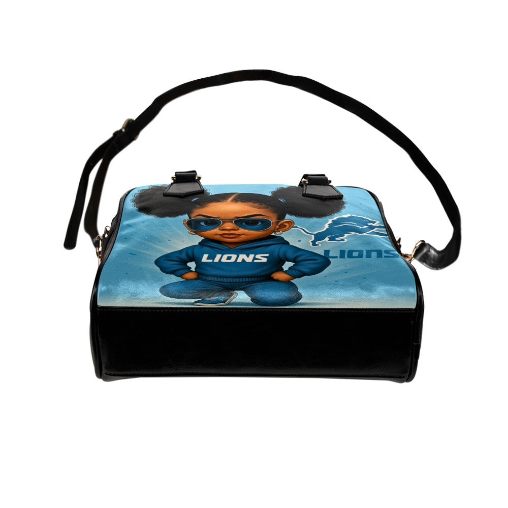 Detroit Lions Fan Girl Shoulder Handbag – Cute Toddler in Team Tracksuit Design, PU Leather Tote Bag