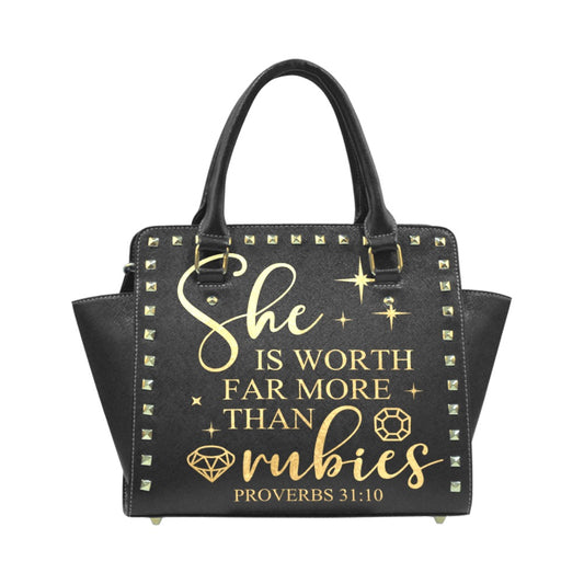 "Worth More Than Rubies” Inspirational Black PU Leather Handbag