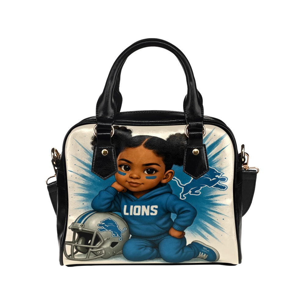 Detroit Lions Dreamy Fan Girl Shoulder Handbag – Cute Toddler with Helmet Design, PU Leather Game Day Tote,