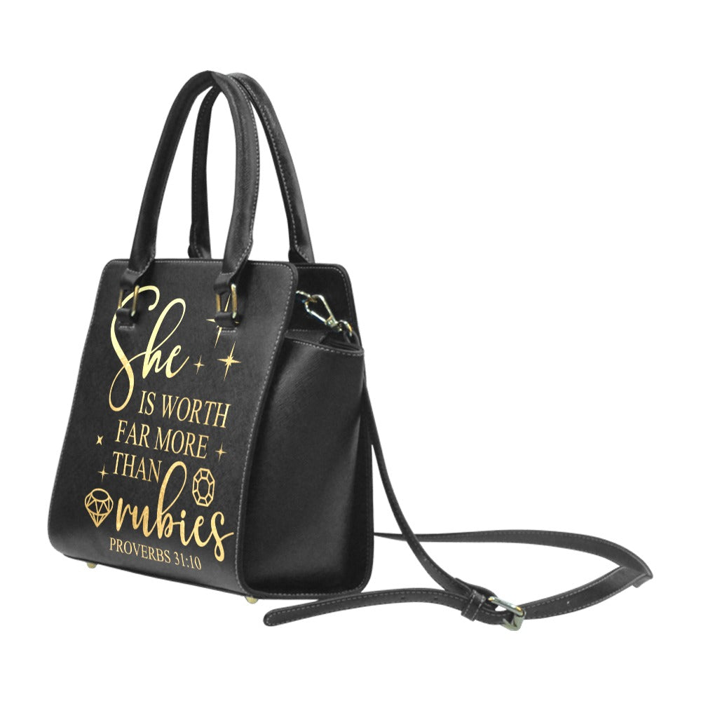 "Worth More Than Rubies” Inspirational Black PU Leather Handbag