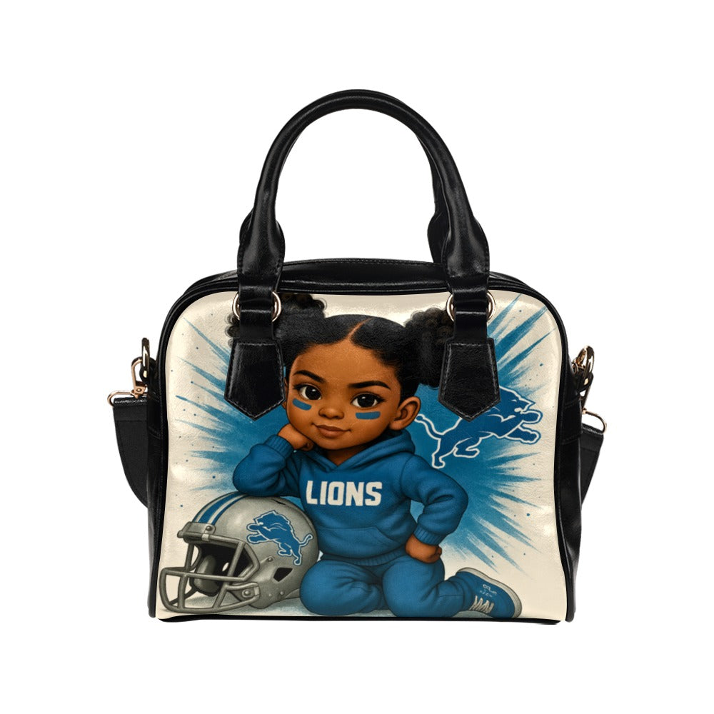 Detroit Lions Dreamy Fan Girl Shoulder Handbag – Cute Toddler with Helmet Design, PU Leather Game Day Tote,