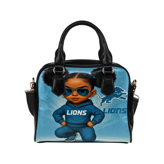 Detroit Lions Fan Girl Shoulder Handbag – Cute Toddler in Team Tracksuit Design, PU Leather Tote Bag