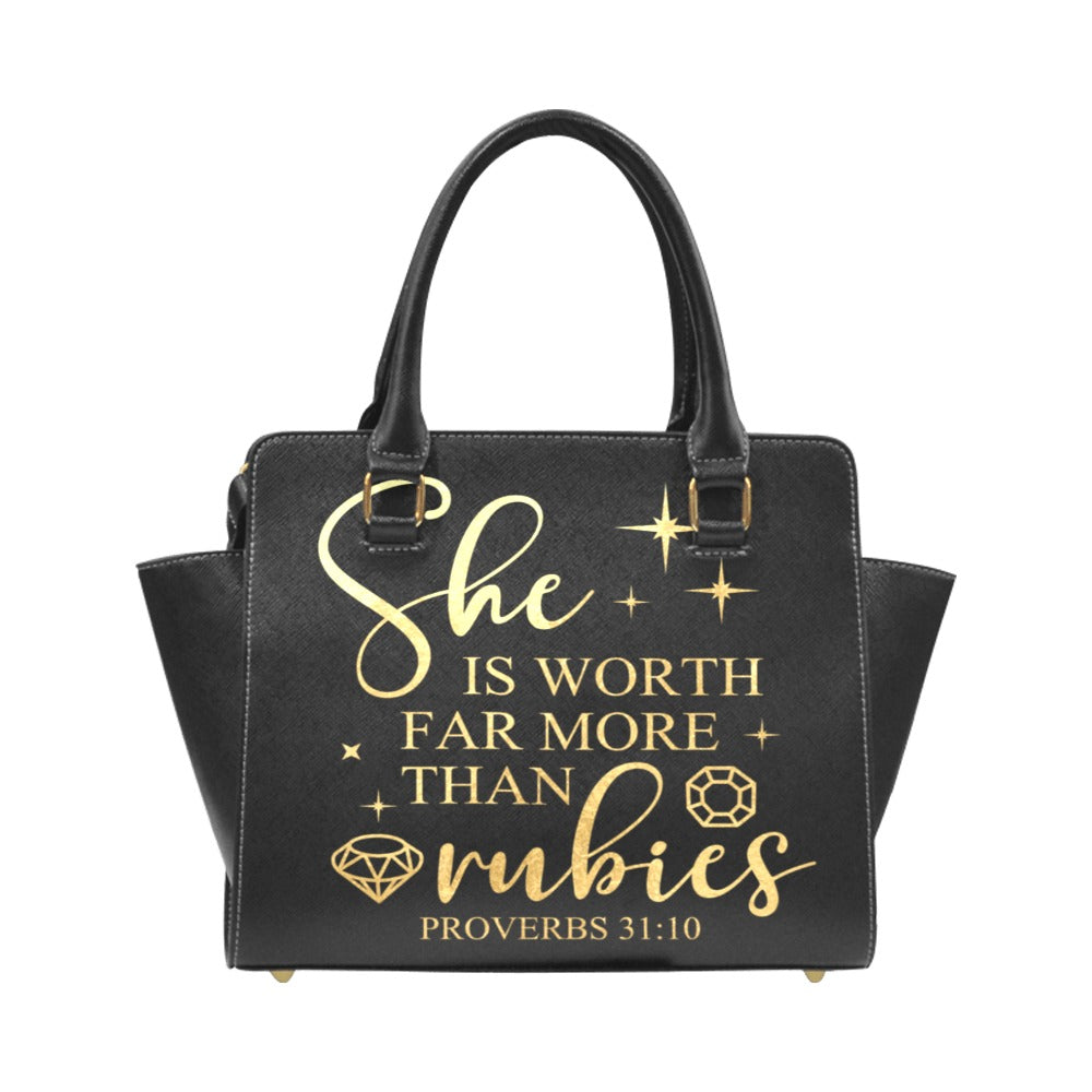 "Worth More Than Rubies” Inspirational Black PU Leather Handbag