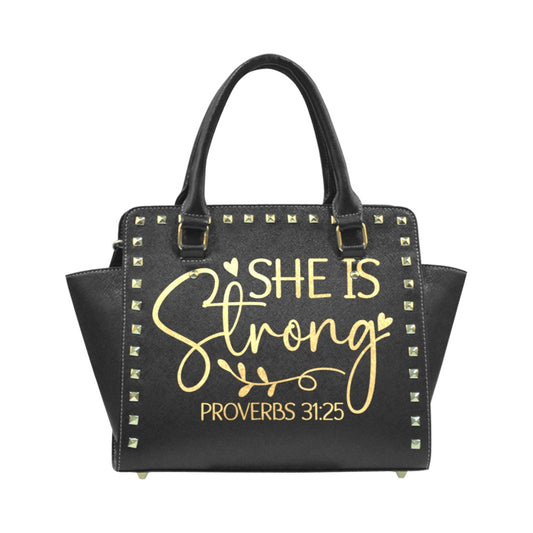 Proverbs 31:25 “She Is Strong” Black PU Leather Handbag – Inspirational Gift for Women