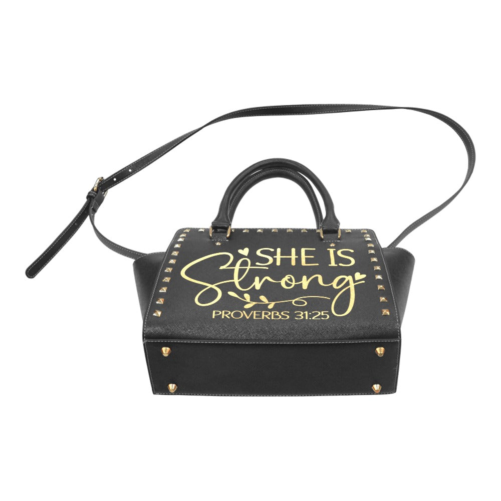 Proverbs 31:25 “She Is Strong” Black PU Leather Handbag – Inspirational Gift for Women