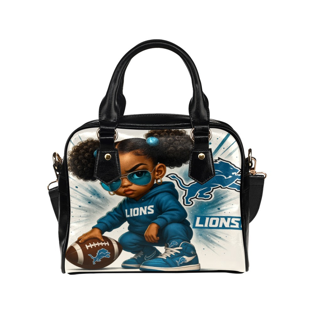Detroit Lions Fierce Fan Girl Shoulder Handbag – Stylish Toddler Holding Football in Shades, PU Leather Tote