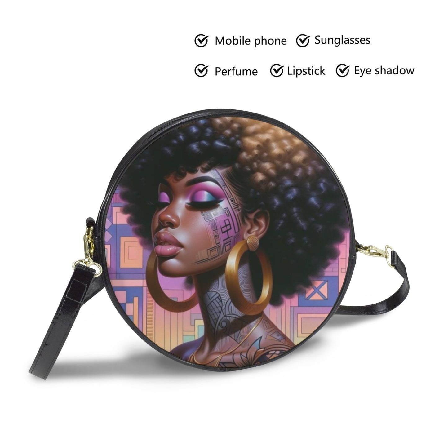 Afro Glam Melanin Goddess Round Sling Bag – Large 10x10 | Golden Crowned Confidence