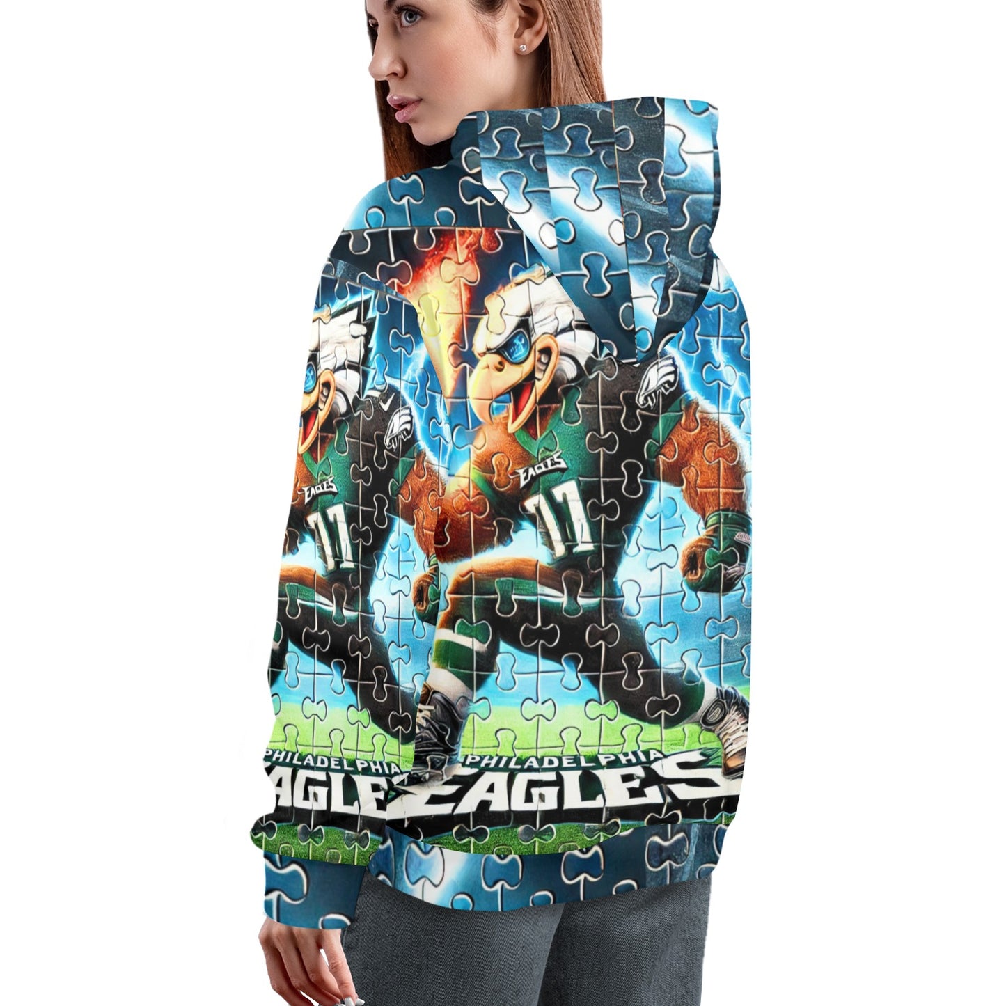 Philadelphia Eagles Women's All-Over Hoodie - Interlocking Puzzle Design