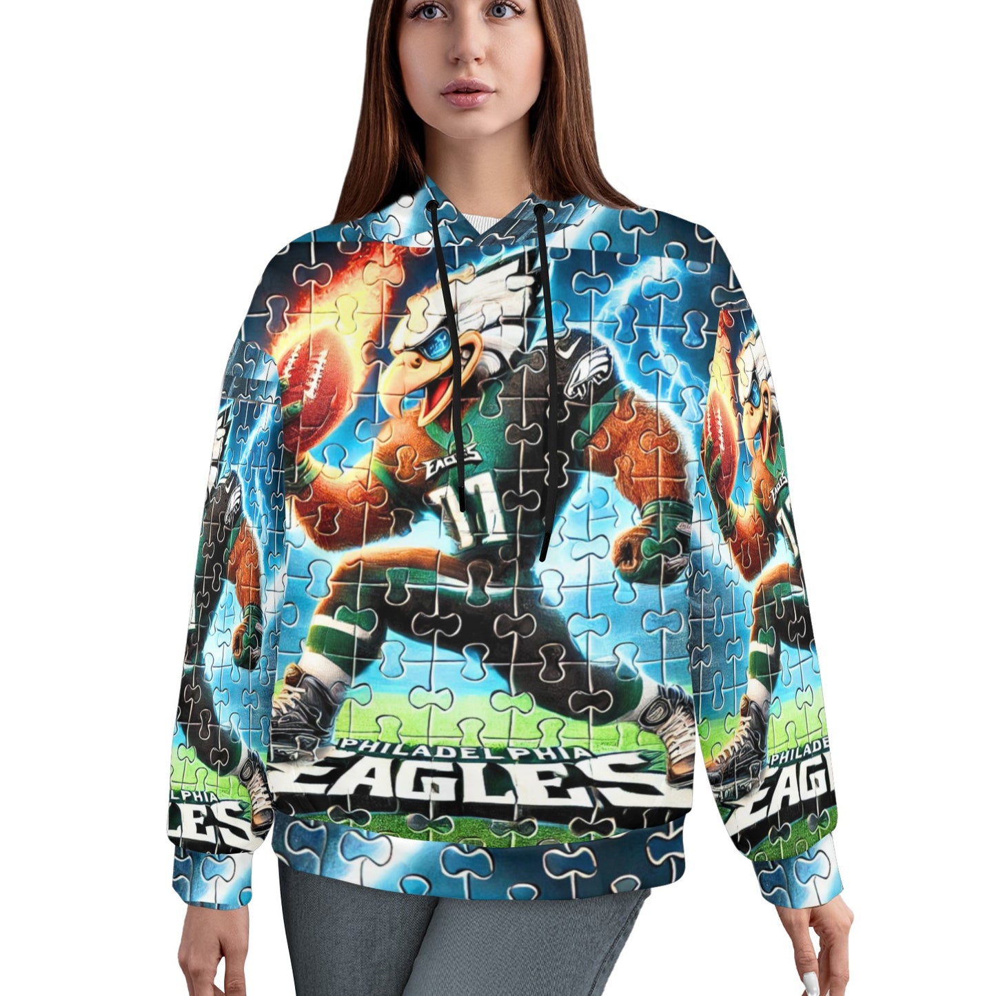 Philadelphia Eagles Women's All-Over Hoodie - Interlocking Puzzle Design