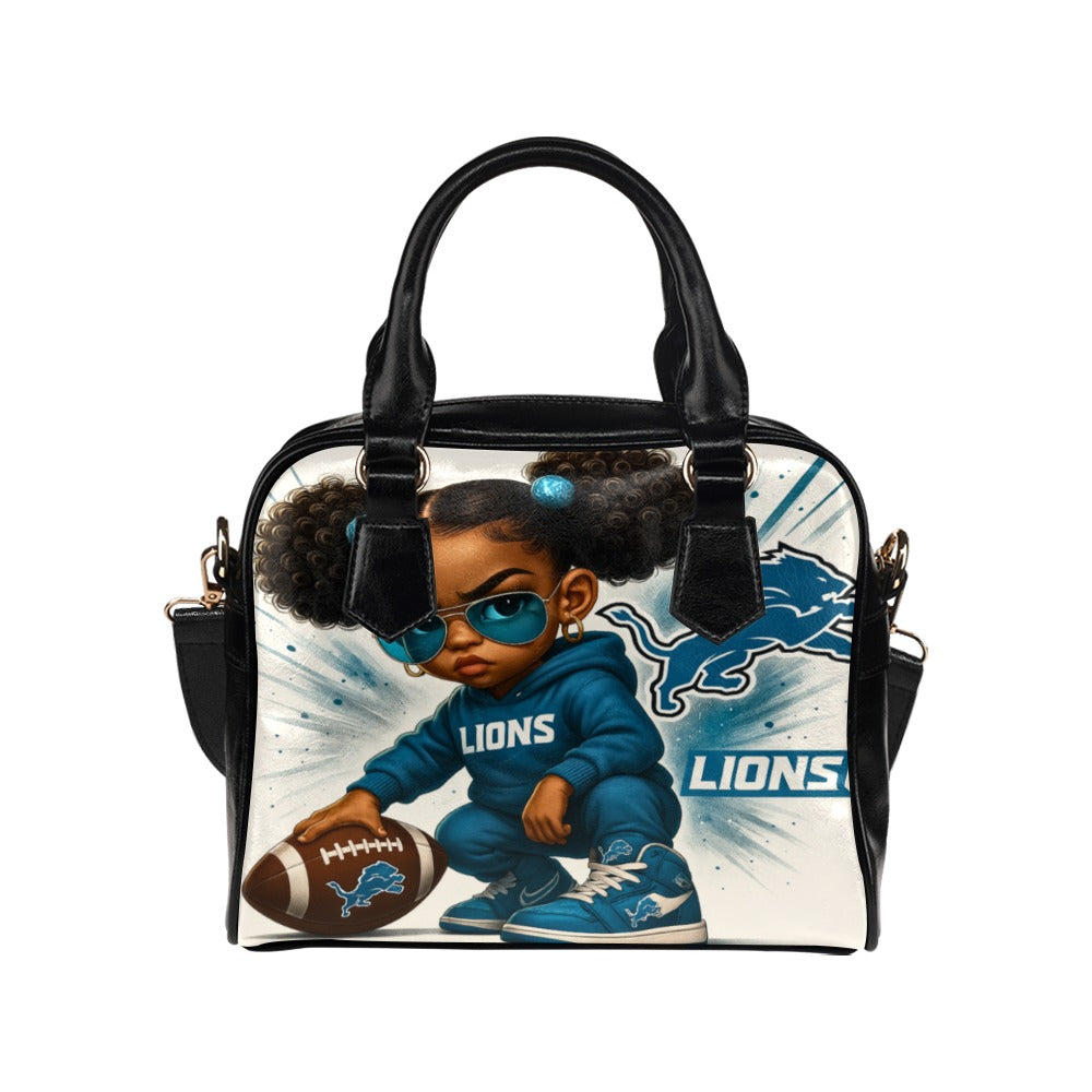 Detroit Lions Fierce Fan Girl Shoulder Handbag – Stylish Toddler Holding Football in Shades, PU Leather Tote