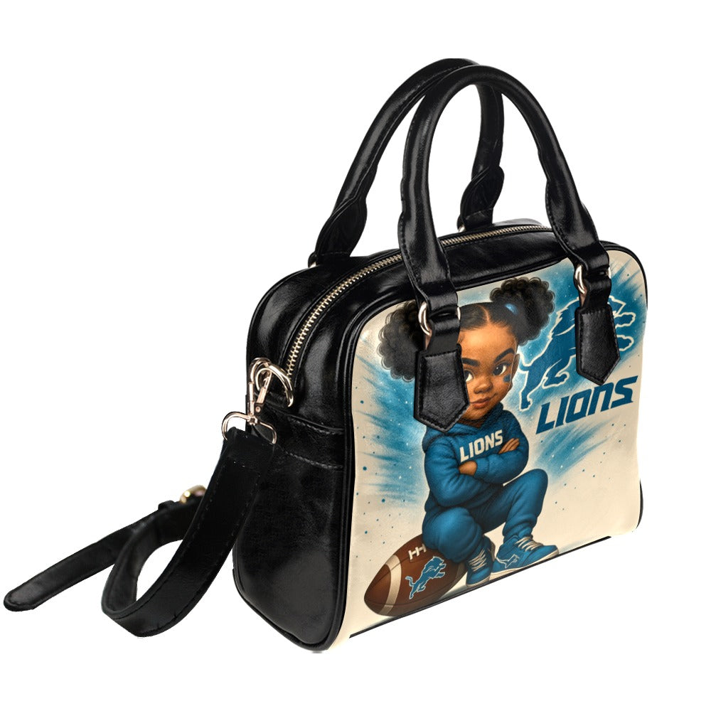 Detroit Lions Sassy Fan Girl Shoulder Handbag – Cute Confident Toddler Design, PU Leather Game Day Tote