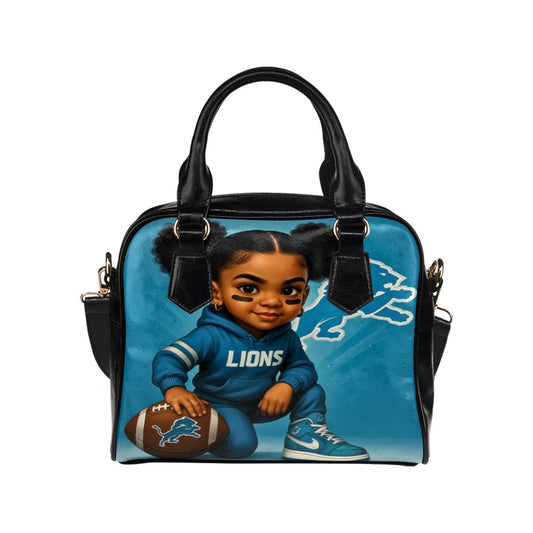 Detroit Lions Football Girl Shoulder Handbag – Cute Toddler in Jersey and Cleats Design, PU Leather Tote Bag