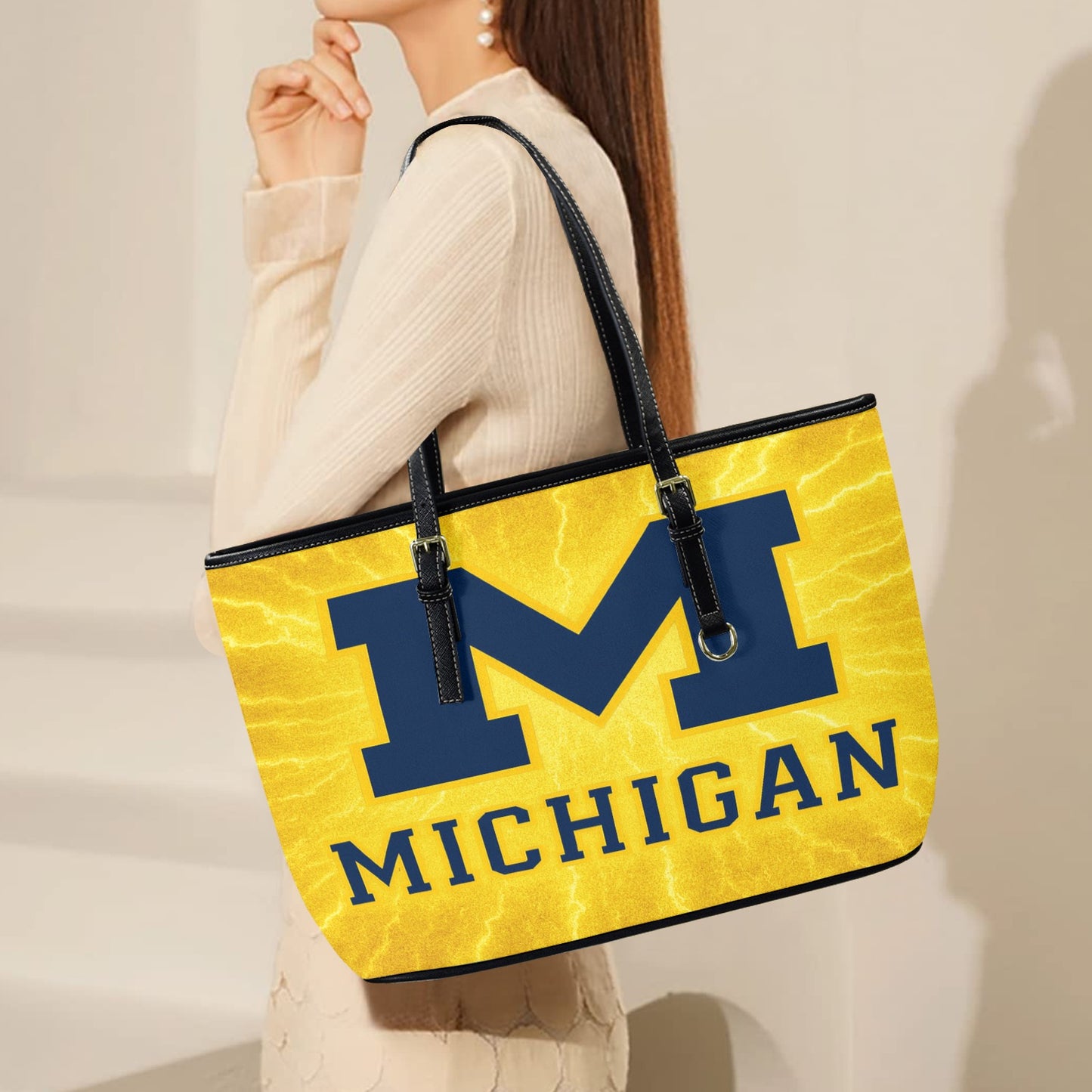 University of Michigan Leather Maize Tote Bag – Large
