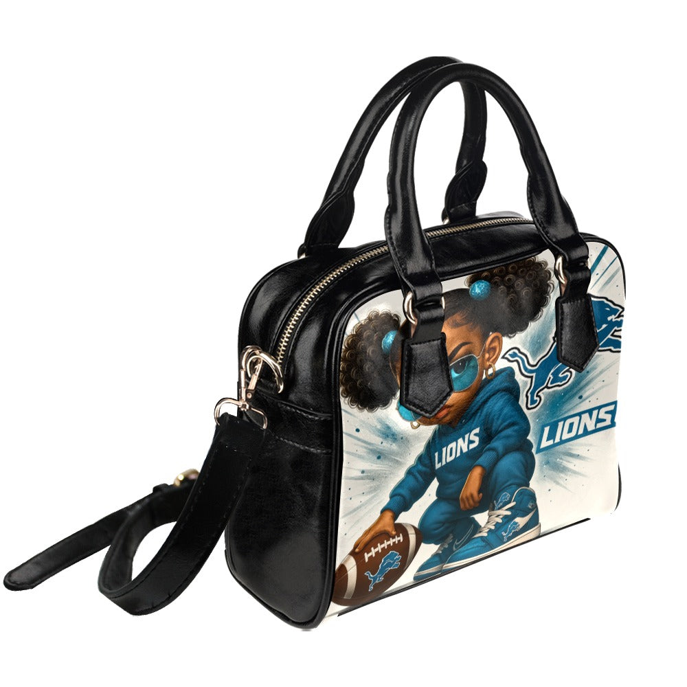 Detroit Lions Fierce Fan Girl Shoulder Handbag – Stylish Toddler Holding Football in Shades, PU Leather Tote