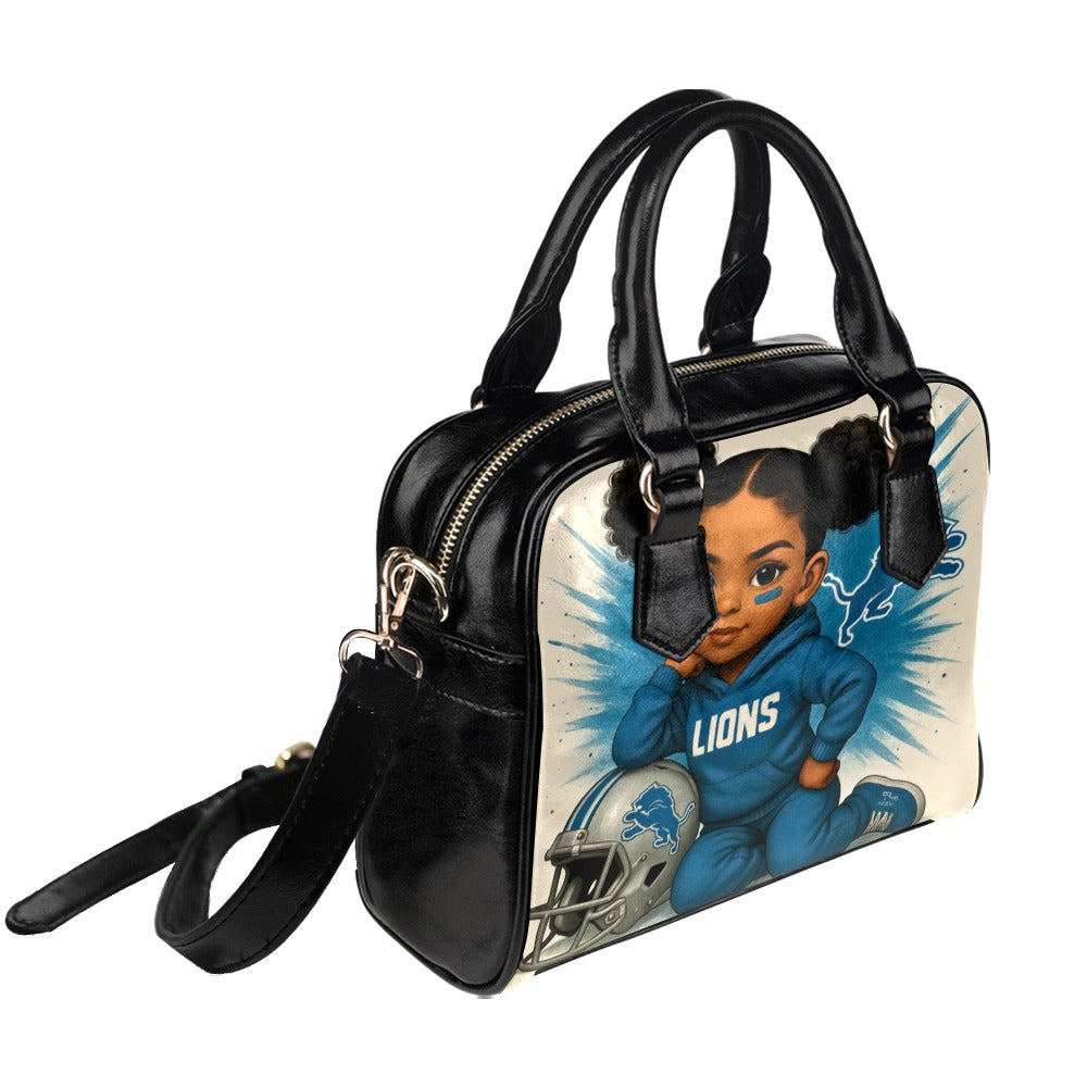 Detroit Lions Dreamy Fan Girl Shoulder Handbag – Cute Toddler with Helmet Design, PU Leather Game Day Tote,