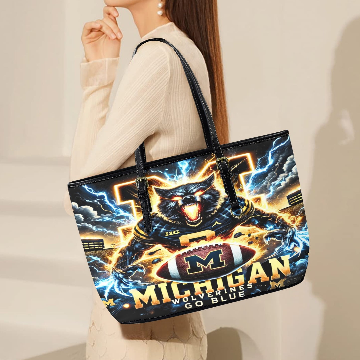 🔥 Michigan Wolverines Lightning Tote Bag – Premium PU Leather Game Day Carry-All with FREE Shipping!