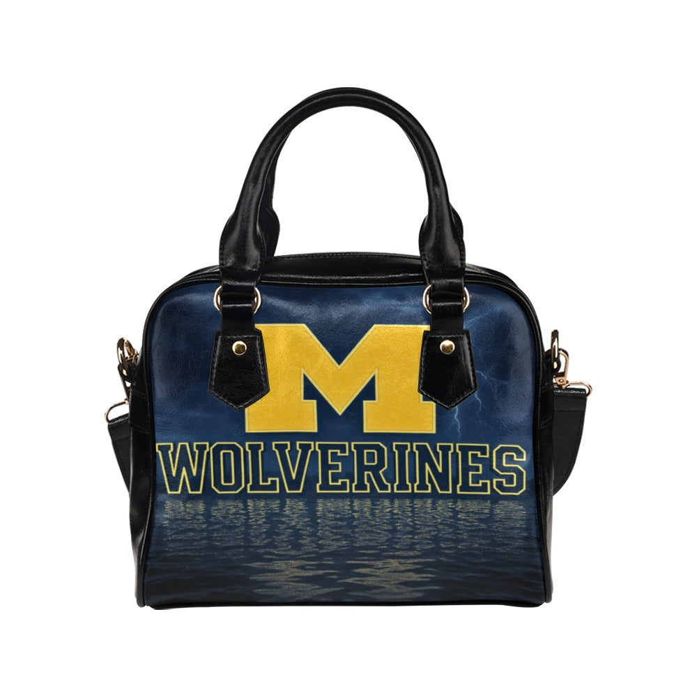 Michigan Wolverines Water Wave Shoulder Handbag – Navy & Maize Sports Team Purse – Premium PU Leather
