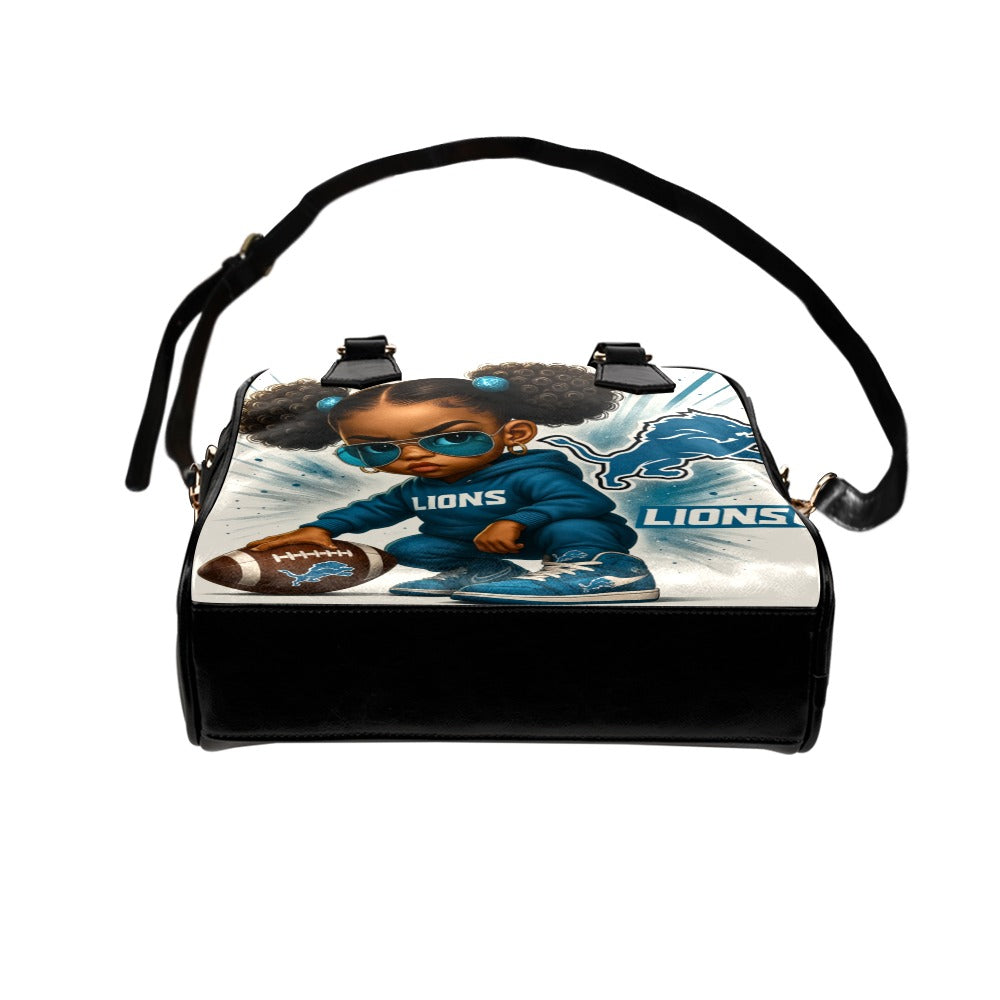 Detroit Lions Fierce Fan Girl Shoulder Handbag – Stylish Toddler Holding Football in Shades, PU Leather Tote