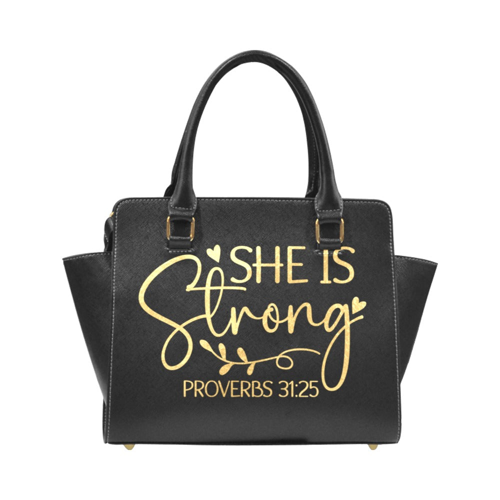 Proverbs 31:25 “She Is Strong” Black PU Leather Handbag – Inspirational Gift for Women