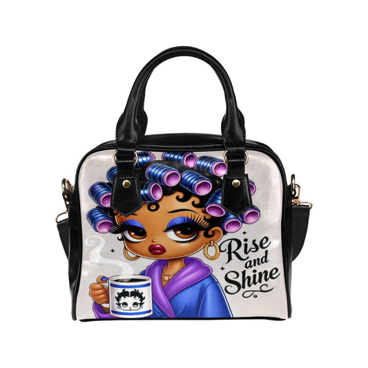 Rise and Shine Shoulder Handbag – Stylish PU Leather Bag with Retro Coffee Girl Art, Large Zippered Tote,