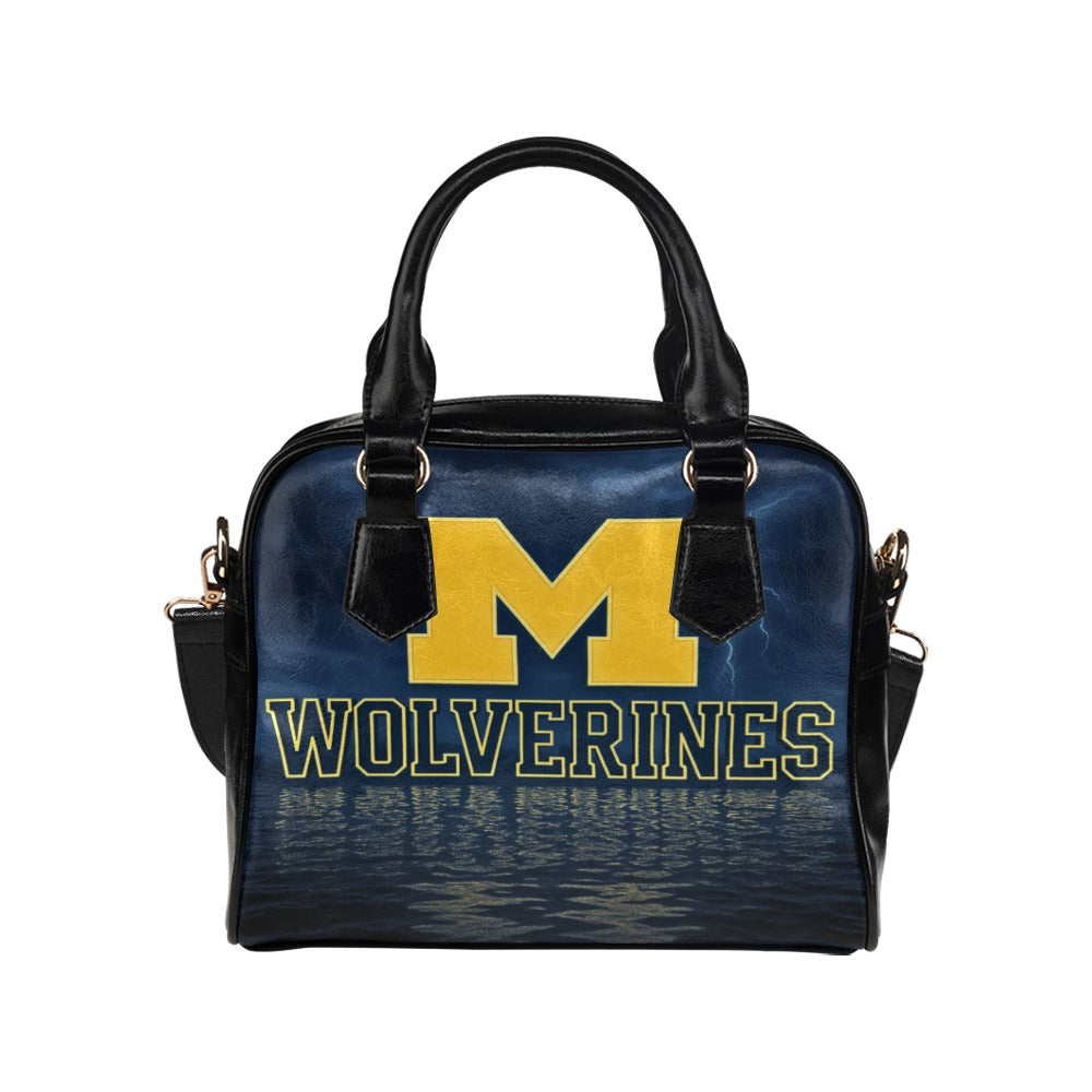Michigan Wolverines Water Wave Shoulder Handbag – Navy & Maize Sports Team Purse – Premium PU Leather