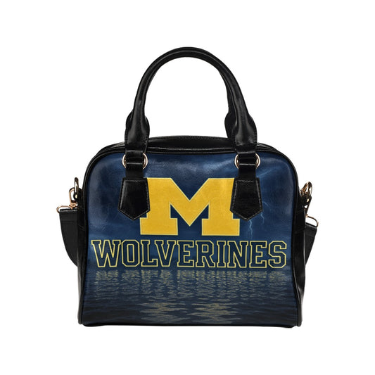 Michigan Wolverines Water Wave Shoulder Handbag – Navy & Maize Sports Team Purse – Premium PU Leather