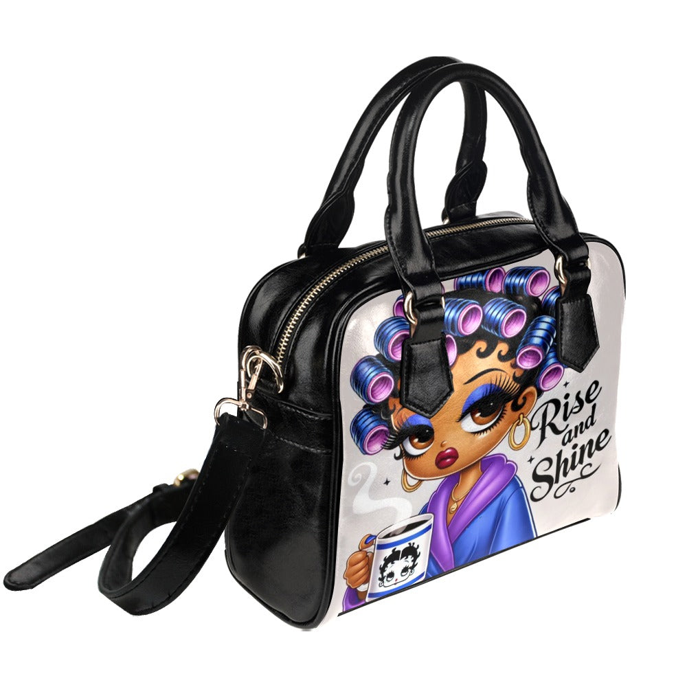 Rise and Shine Shoulder Handbag – Stylish PU Leather Bag with Retro Coffee Girl Art, Large Zippered Tote,