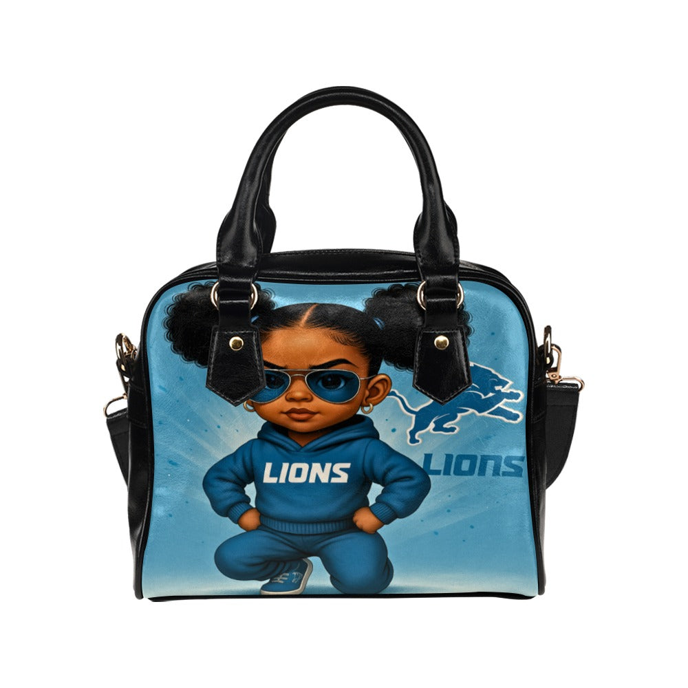 Detroit Lions Fan Girl Shoulder Handbag – Cute Toddler in Team Tracksuit Design, PU Leather Tote Bag