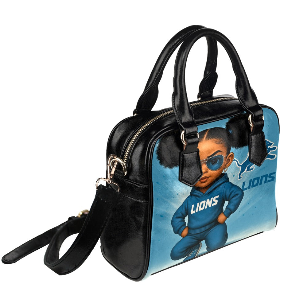 Detroit Lions Fan Girl Shoulder Handbag – Cute Toddler in Team Tracksuit Design, PU Leather Tote Bag
