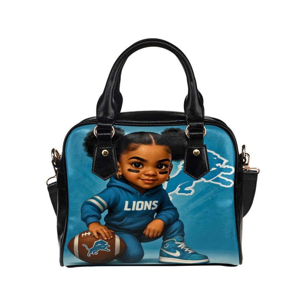 Detroit Lions Football Girl Shoulder Handbag – Cute Toddler in Jersey and Cleats Design, PU Leather Tote Bag
