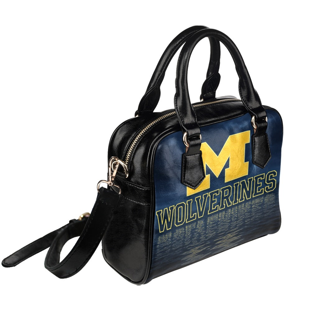 Michigan Wolverines Water Wave Shoulder Handbag – Navy & Maize Sports Team Purse – Premium PU Leather