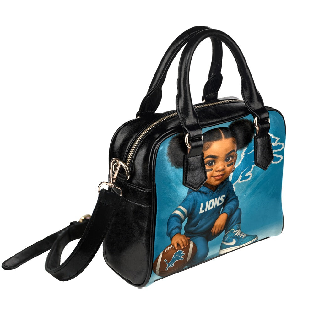 Detroit Lions Football Girl Shoulder Handbag – Cute Toddler in Jersey and Cleats Design, PU Leather Tote Bag