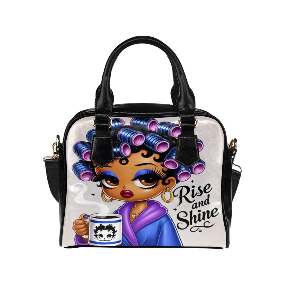 Rise and Shine Shoulder Handbag – Stylish PU Leather Bag with Retro Coffee Girl Art, Large Zippered Tote,